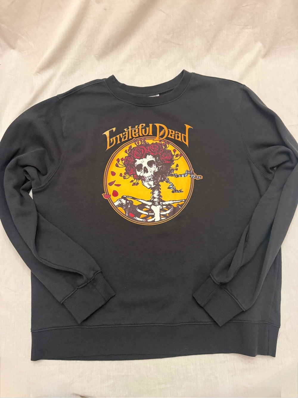 Grateful Dead Black Crewneck with Yellow & Red Skull Graphic